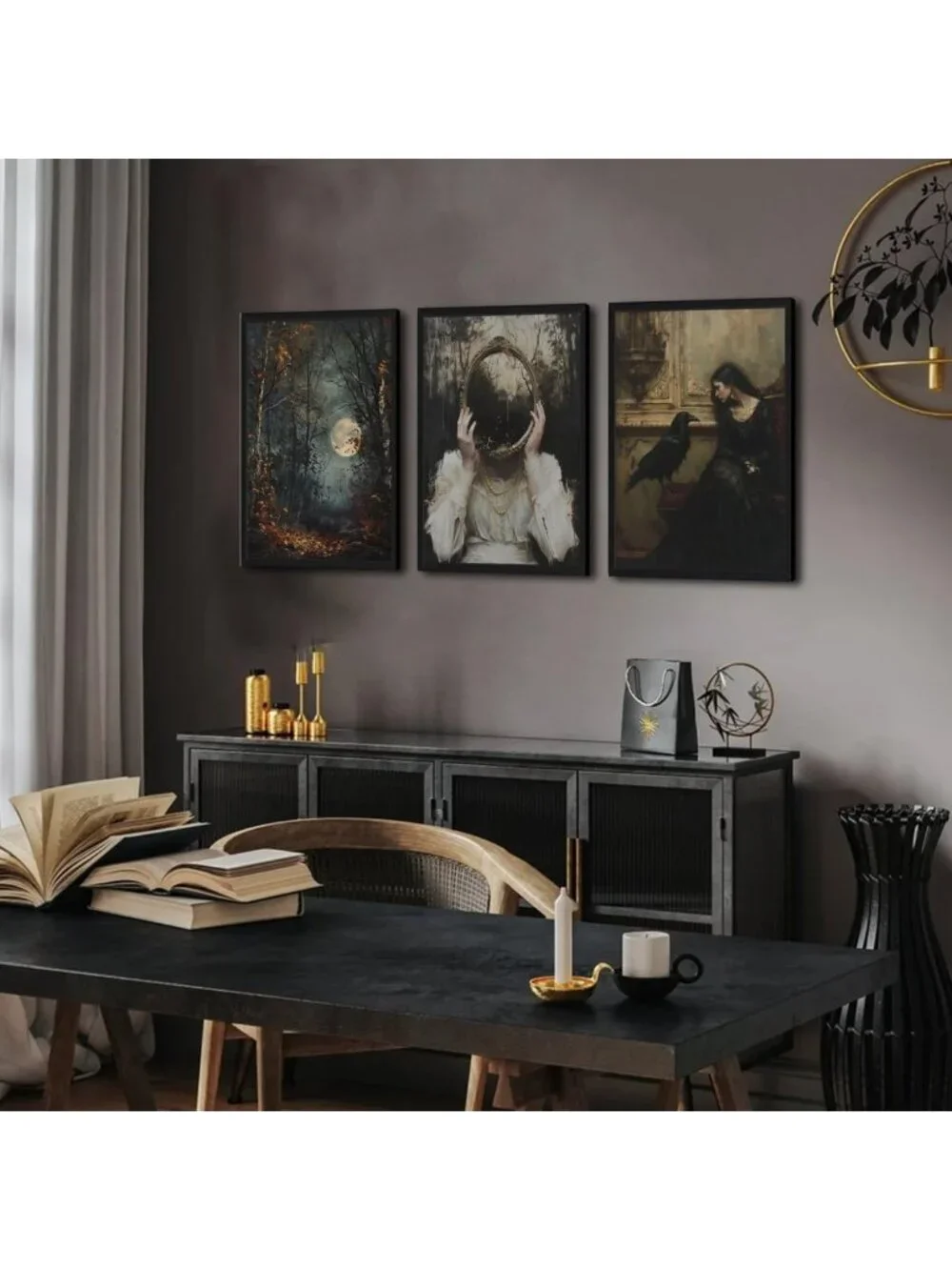 Gothic Dark Academia Wall Art Set of 3 - Vintage Witch Raven Canvas Prints